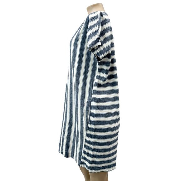 Madewell Stripe Play Button Back Dress Linen Cotton Transatlantic Blue Women M - Picture 7 of 16